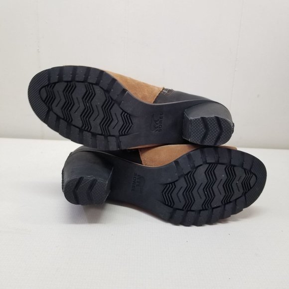 Sorel‎ 9.5 Leather 2 Tone Black Brown Heeled Open Toe Booties NADIA - Picture 5 of 13